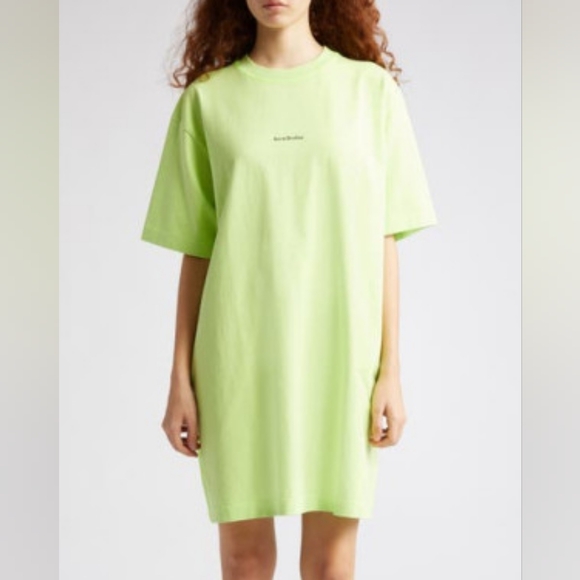 Acne Studios Erin Stamp T-Shirt Dress in Fluo Green - Picture 4 of 4